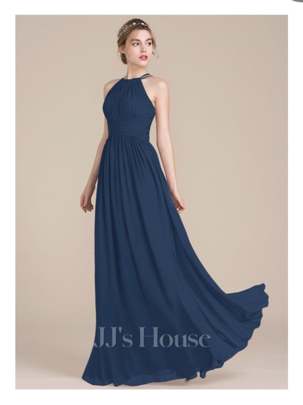 JJ's House Edeline Navy Blue A-line Ruffle Chiffon Maxi Dress Size 12/14